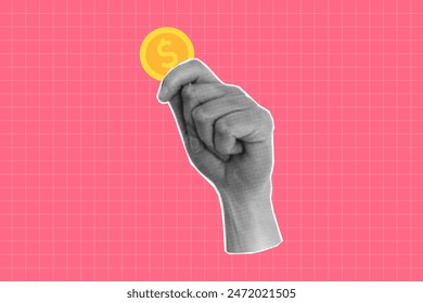 Halftone collage of a hand holding a dollar coin. Banner on a financial theme with money. Concept of payment and financial planning, saving. Cut out element on a pink checkered background.