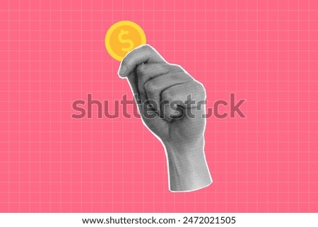 Halftone collage of a hand holding a dollar coin. Banner on a financial theme with money. Concept of payment and financial planning, saving. Cut out element on a pink checkered background.