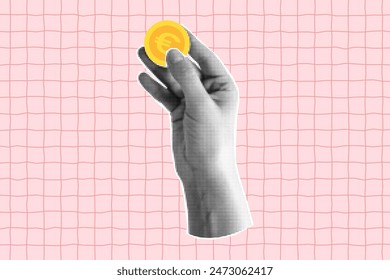 Halftone collage with a hand holding a euro coin. Banner with concept of payment and financial planning, saving, online shopping. Cut out element on a pink checkered background.