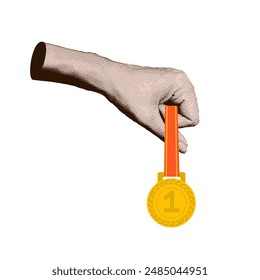 Halftone collage hand holding first place gold medal. Business success, sport victory, goal achievement isolated concept. Trendy retro vector illustration isolated on transparent background