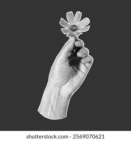 Halftone collage hand holding flower, paper cut element on dark background, png zine palm, cute poster.