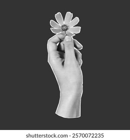 Halftone collage hand holding flower, paper cut element on dark background, png zine palm, postcard.