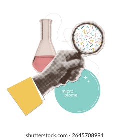 Colagem de meio-tom mão segurando lupa pesquisando microrganismo bacteriano. Bactérias, infecção por germes, micro-organismos, microbioma, bactérias, vírus, protozoários, probióticos sob lupa. Vetor