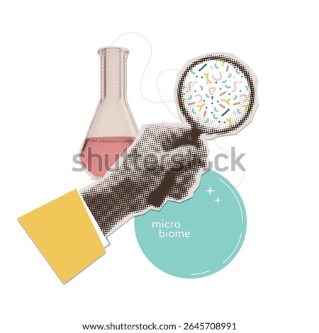 Halftone collage hand holding loupe researching Bacterial microorganism. Bacteria, germs infection, micro-organisms, microbiome, bacteria, viruses, protozoa, probiotics under magnifier glass. Vector