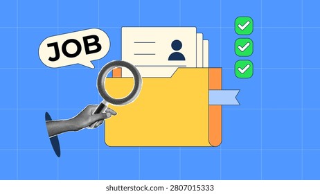 halftone collage hand holding magnifying over job folder with resume, on blue grid background, for job searching, hiring, and recruitment