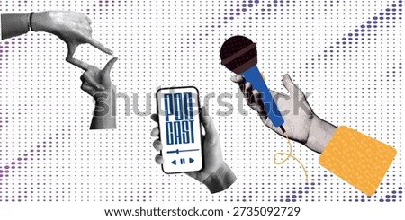 Halftone Collage Hand Holding Microphone for Journalism, Interview and News Reporting