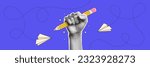 Halftone collage hand holding a pencil. Banner with education conception. Back to school. Contemporary vector illustration.