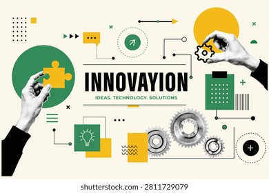 Halftone Collage with Hand Holding Puzzle Piece and Gear. Innovation Ideas Technology Solutions Concept. Business Strategy and Teamwork in Retro Pop Art Style