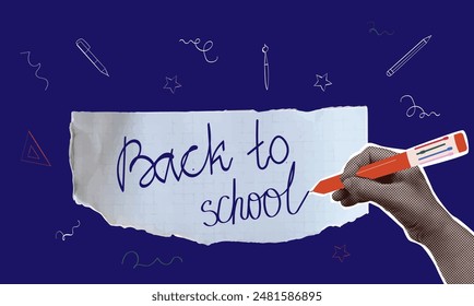 Halftone collage hand holding retro pen. Banner with education conception. Back to school. Y2k vector illustration.