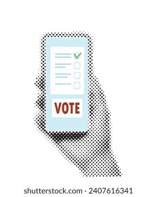 Halftone collage hand holding smartphone  with vote button on display. Online voting and election concept. Vector illustration