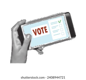 Halftone collage hand holding smartphone  with vote button on display. Online voting and election concept. Vector illustration