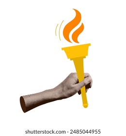 Halftone collage hand holding torch with burning fire. Trendy retro vector illustration for mixed media design