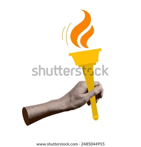 Halftone collage hand holding torch with burning fire. Trendy retro vector illustration for mixed media design