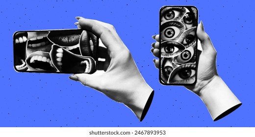 Halftone collage. A hand holds a smartphone on the screen of which there are many eyes and mouths. Social media concept.