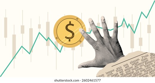Halftone Collage Hand for investments concept, trading, marketing. Online Stock banner with coin, money, finance elements. Contemporary horizontal invest or business poster. Vector illustration.