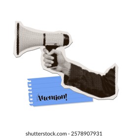 Halftone collage hand in jacket sleeve holding loudspeaker. Attention, Breaking news concept. Newspaper cut our clipping. Contemporary vector illustration.