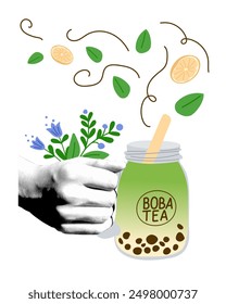 Collage semitono con mano y tarro con té de burbujas. Anuncio para cafeterías y teterías. Anuncio de Vertical de té asiático de moda. Puede ser utilizado para la decoración o la promoción