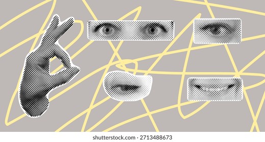 Halftone collage with hand lips and eyes. Abstract human face parts in pop art dotted style. Vector retro design concept. Modern surreal composition isolated on white background illustration