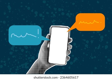 Halftone collage of hand with phone on dark textured background. Retro vector illustration of gesture, message, correspondence on the phone.