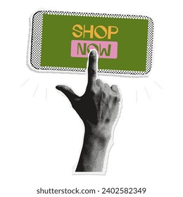 Halftone collage of hand with phone with Sale promotion