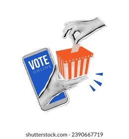 Halftone collage hand putting voting paper into ballot box that come out from phone monitor. Online voting and election concept. 90s zine style vector isolated illustration.