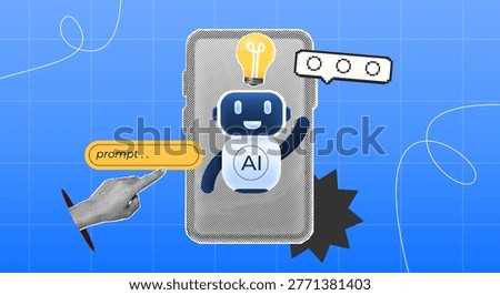 halftone collage, a hand reaches out to prompt bar, robots ai chat, light bulb idea, and pixel bubble chat on smartphone, for ai. assistant brainstorm, assistant