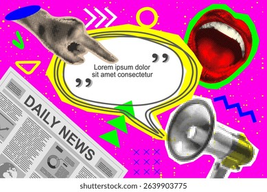 Halftone Collage with Hand showing speech bubble. Megaphone with message and newspaper. Online news, hot news. Halftone lips mouth hand in dotted texture vintage pop art style	