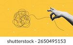 Halftone collage of hand that untangles tangled ball or messy line. Concept of solving mental problems or simplification of a complex process in business. Collage halftone style. Vector illustration.