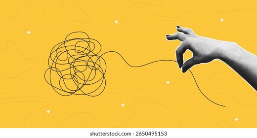 Colagem de meio-tom de mão que desamarra a bola emaranhada ou a linha bagunçada. Conceito de resolução de problemas mentais ou simplificação de um processo complexo no negócio. Estilo de meio-tom de colagem. Ilustração vetorial.