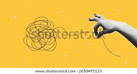 Halftone collage of hand that untangles tangled ball or messy line. Concept of solving mental problems or simplification of a complex process in business. Collage halftone style. Vector illustration.