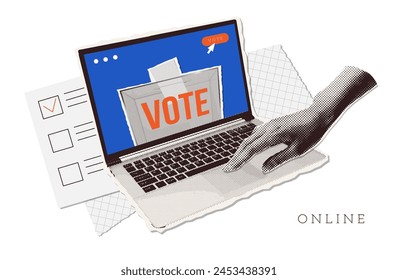 Halftone collage hand voting online with vote button on laptop display. Online voting and election concept. Vector illustration