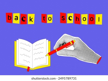 Halftone collage hand writing pen on floating book with handwriting. Back to school. Banner with education concept on blue dotted background. Contemporary vector illustration