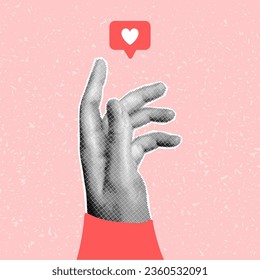 Halftone collage hands banner, palm reaching for like. Retro pop art magazine cut element on pink textured background, social media.