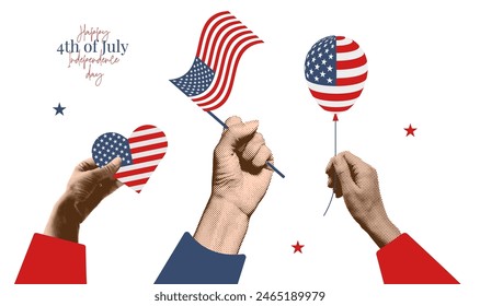 Halftone Collage Hände Holding America National Flag, Ballon, Herz, um den USA Independence Day am 4. Juli zu feiern. Happy USA Independence Day Vorlage für Banner, Poster. Vektorillustration