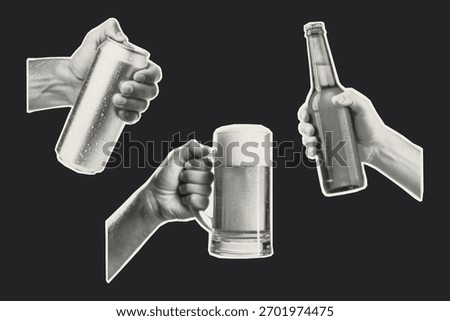 Halftone collage of hands holding beer can, bottle, and mug. Retro cut out photocopy style. Perfect for bar posters, brewery ads, Oktoberfest, party design, and vintage drink projects.