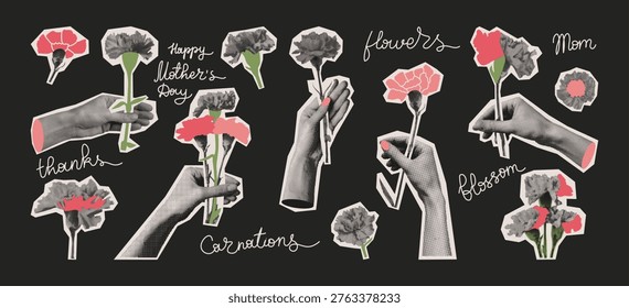 Halftone collage hands holding carnations set. Happy Mother's Day retro elements greetings. Women's wrists with pop art vintage texture. Trendy paper cut out sticker with handwriting lettering. Vector