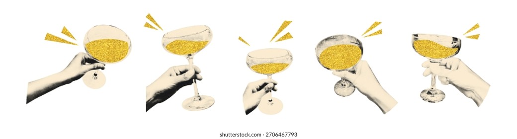 Manos de collage de medio tono que sostienen copas de champán coupé con vino dorado espumoso. Salud, brindis de celebración, pegatinas de cóctel. Ilustración vectorial retro moderna sobre fondo transparente