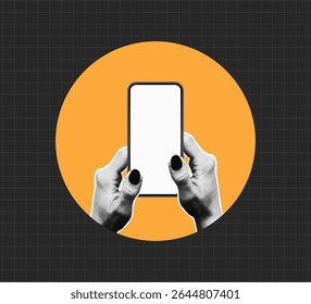 Manos del collage del semitono que sostienen el teléfono con la exhibición vacía. Gesto de dos manos de medio tono con smartphone. Concepto de redes sociales, App móviles, desplazamiento. Estilo de collage. Ilustración vectorial.