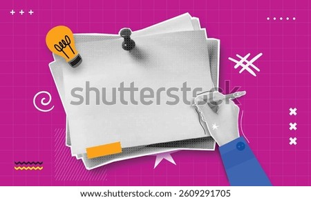 Halftone collage Hands move on paper notes, highlighting important schedules and events.
