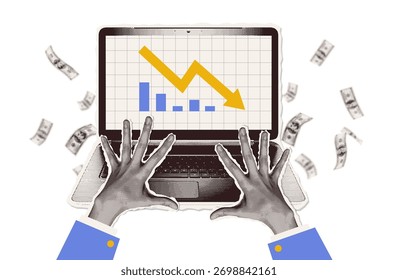 Halftone collage - Hands on the laptop in horror at the financial loss with down chart on screen. Vintage trendy Vector illustration in bold trendy pop art style