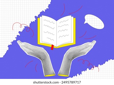 Halftone collage hands and open floating book with handwriting, torn paper. Banner with education concept on blue dotted background. Back to school. Contemporary vector illustration