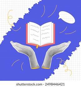 Halftone collage hands and open floating book with handwriting, torn paper. Card with education concept on blue dotted background. Contemporary vector illustration