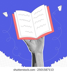 Halftone collage hands and open floating book with handwriting, torn paper. Card with education concept on blue dotted background. Vector illustration