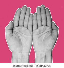 Halftone collage hands, paper cut element on pink textured background, PNG zine palm, poster.