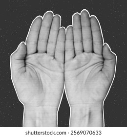 Halftone collage hands, paper cut element on dark textured background, PNG zine palm, poster.