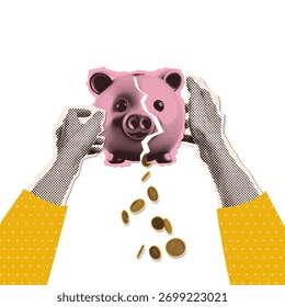 Halftone Collage - manos sacudiendo la hucha rota. Concepto de metáfora de crisis de dinero con temática financiera minimalista Idea para el Anuncio con monedas que caen. Revista Cutouts. Ilustración vectorial