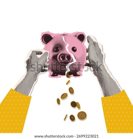 Halftone Collage - hands shaking broken piggy bank. Minimalist finance-themed money crisis metaphor concept Idea for banner with falling coins. Cutouts magazine. Vector illustration