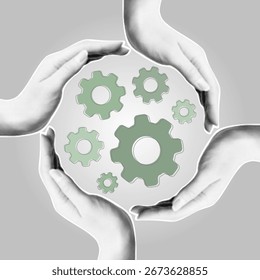 Collage semitono de manos que rodean engranajes que simbolizan el trabajo en equipo, la unidad empresarial, la Asistencia corporativa, la colaboración colaborativa y la colaboración colectiva para una organización exitosa
