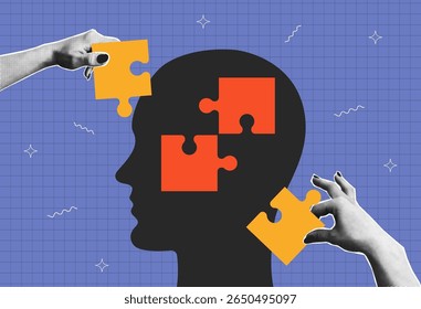 Halftone collage of hands that connect the pieces of jigsaw puzzle in human head or brain. Human head silhouette with puzzle and two halftone hands. Concept of idea, brainstorm. Vector illustration.