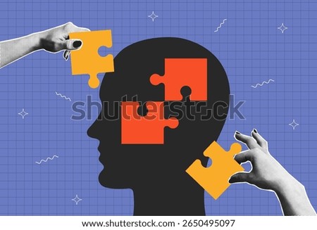 Halftone collage of hands that connect the pieces of jigsaw puzzle in human head or brain. Human head silhouette with puzzle and two halftone hands. Concept of idea, brainstorm. Vector illustration.